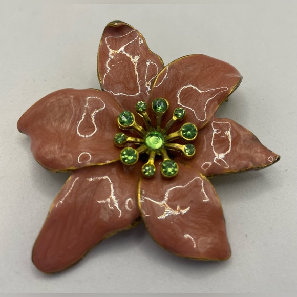 Vintage Floral Mauve Enamel Brooch Pin Gold Tone Uranium Green Faceted Crystals - Picture 6 of 7